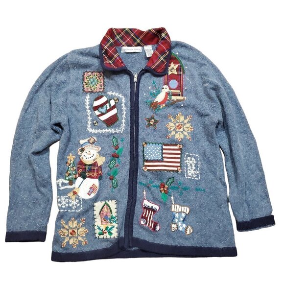 Victoria Jones Xmas Cardigan Ugly Sweater Blue Full Zip Size L Angora Rabbit - Picture 1 of 10